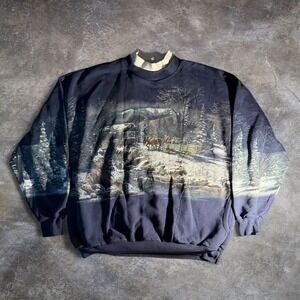 Vintage 90s Art Unlimited All Over Print Winter Horse Sweatshirt XL Made in USA